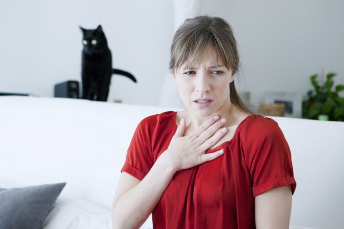 遠くにいる黒猫と苦しそうな女性