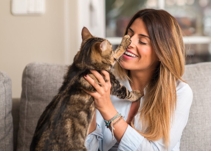 女性の顔に手を伸ばす猫