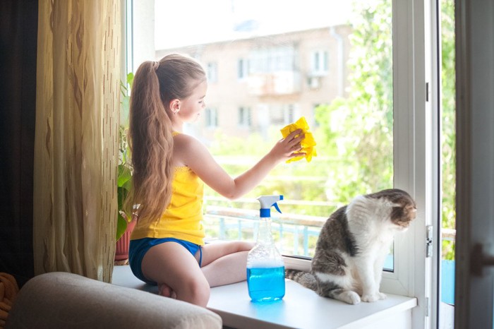 掃除をする女性と猫