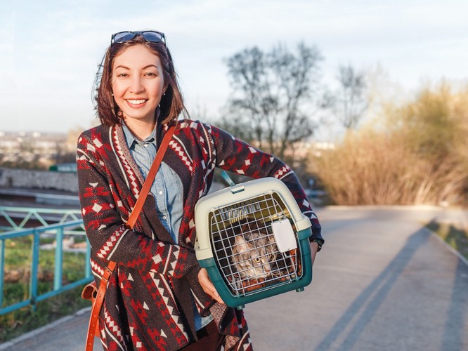 猫の入ったキャリーを持つ女性