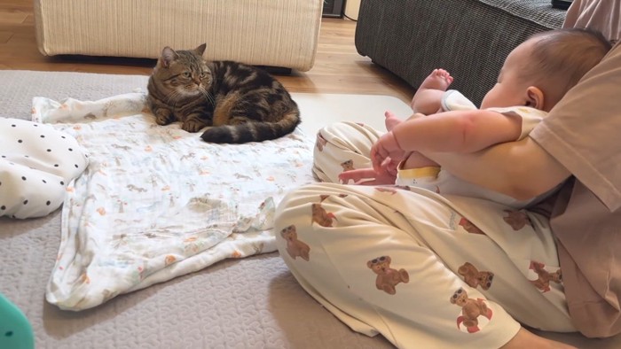 抱っこされる赤ちゃんを見つめて