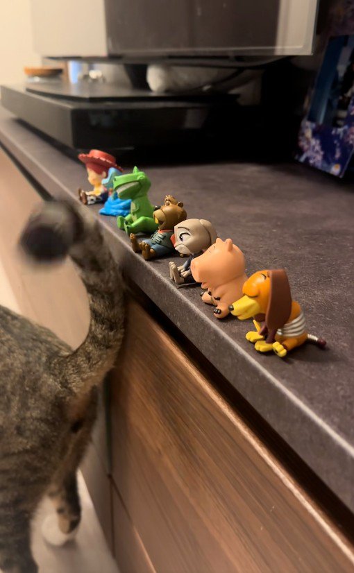 しっぽでフィギュアを触っている猫
