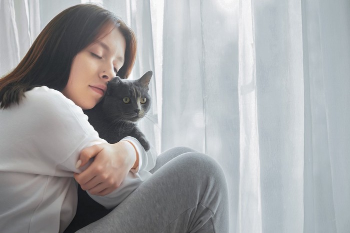 窓際で女性に抱っこされる猫