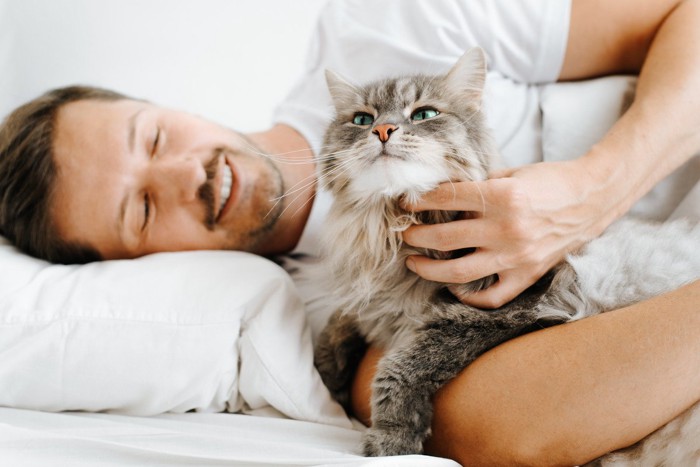 猫をなでる男性