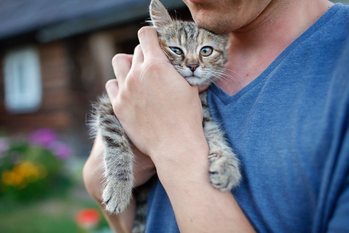 子猫を抱きしめる男性