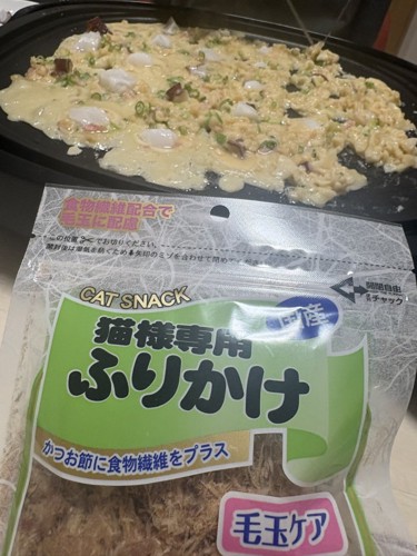 猫用の鰹節をたこ焼き器の前に持ってきた飼い主
