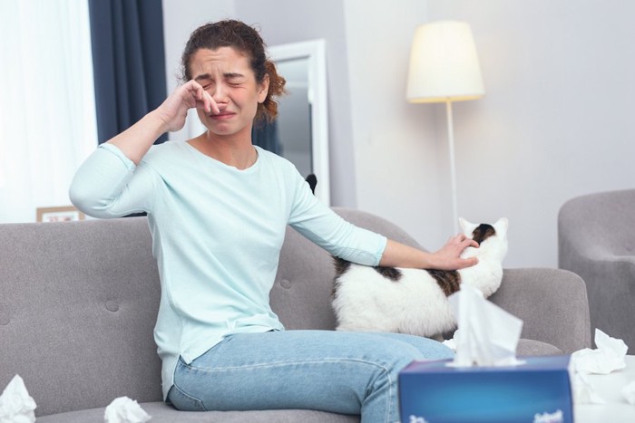 猫を触ってアレルギー症状が出ている女性