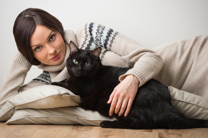 ベッドの上の猫と女性