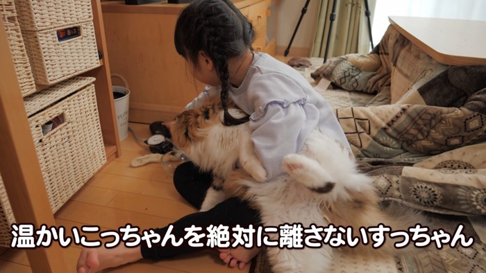 猫を抱っこして手を伸ばす子供