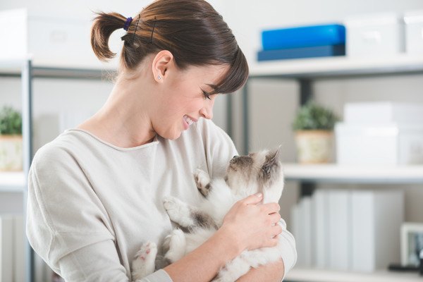 女性に抱っこされる爪が黒いかも知れない白い猫