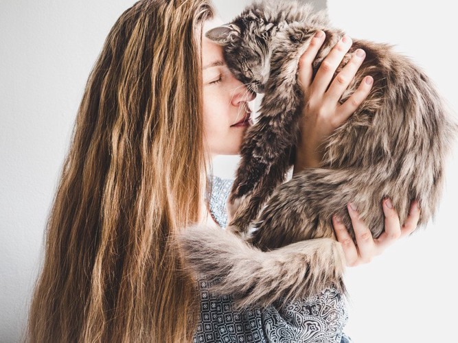 長毛猫とロングヘアの女性