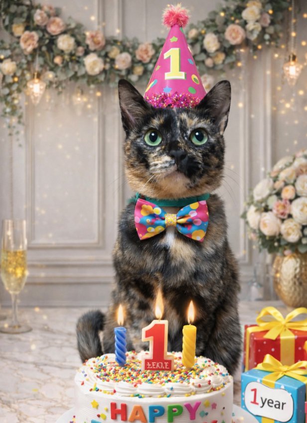 1歳の誕生日祝いの加工がされている猫