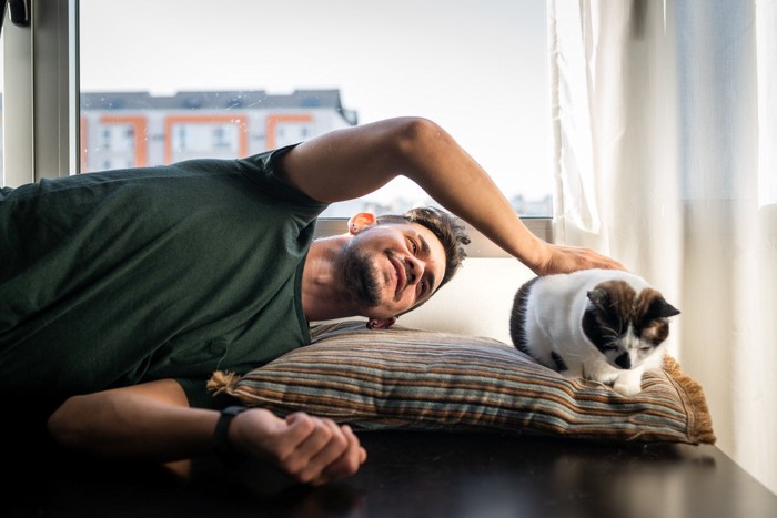 愛猫におしりトントンする男性