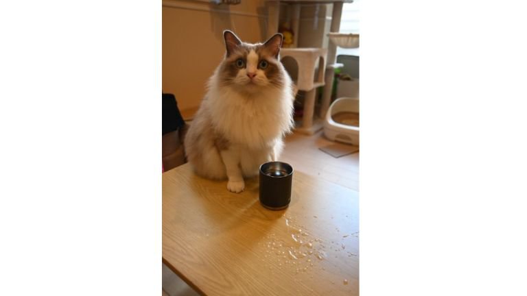テーブルの上にいる猫