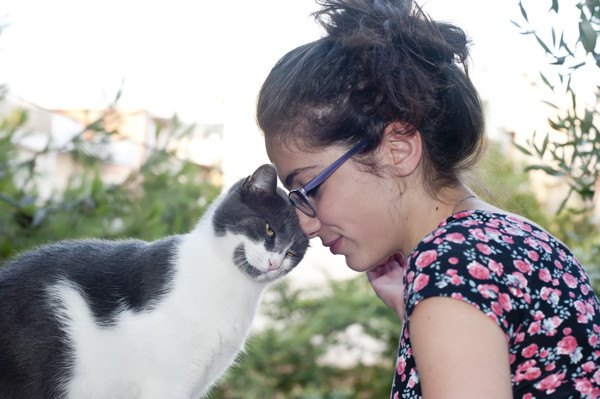 頭をあわせる猫と女性