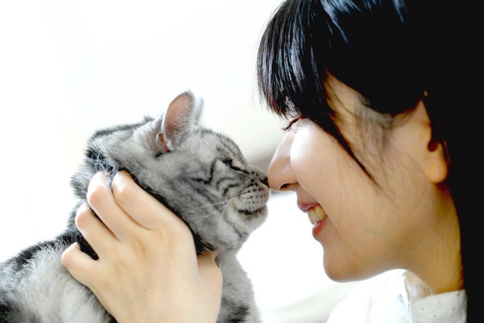 猫と鼻キスをするアジア人女性