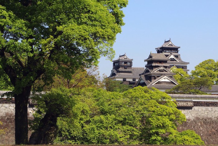 木々の向こうに見える熊本城