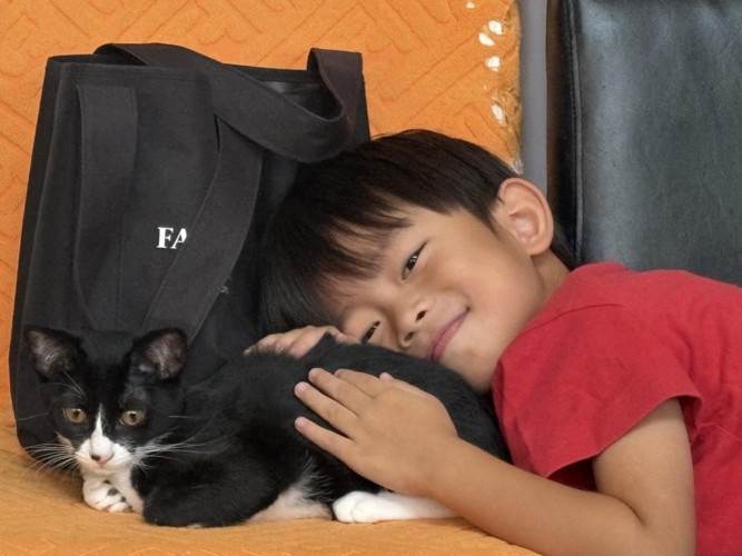 猫の背中に顔をつける子ども