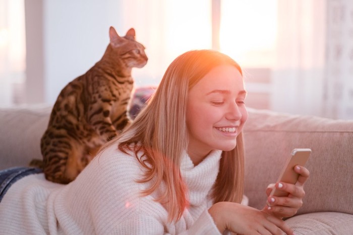 ソファーでくつろぐ女性の背中に座る猫