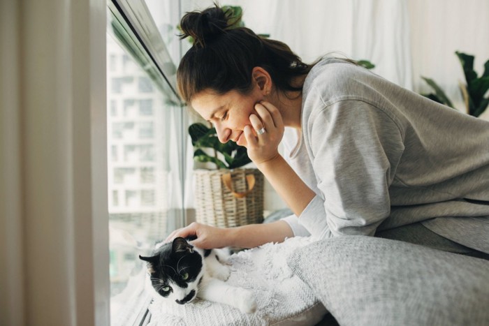 猫を撫でる女性