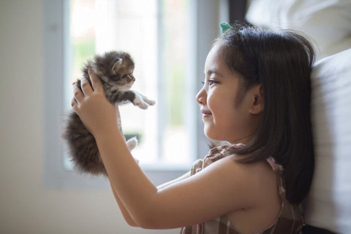 抱き上げた子猫と見つめあう少女