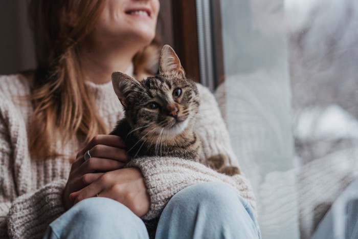 飼い主に抱かれる猫