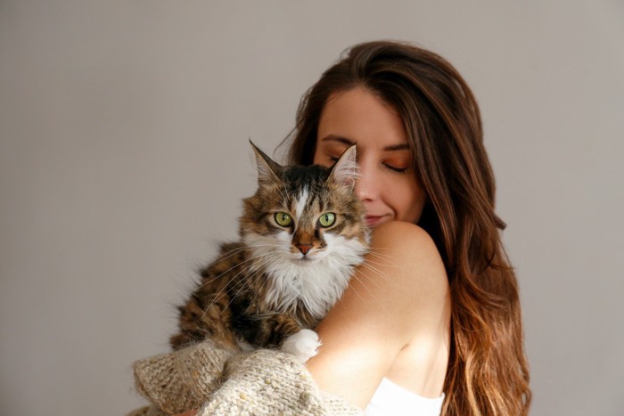 女性に大人しく抱っこされている猫
