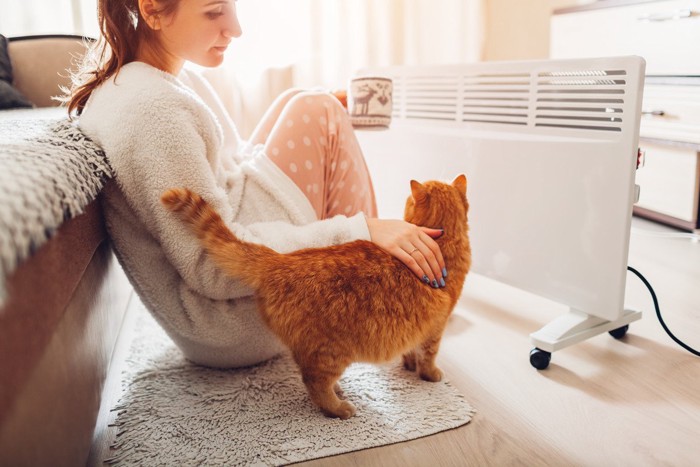 ヒーターの前にいる女性と猫