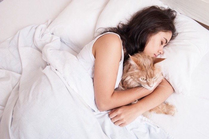 寝ている飼い主さんに抱きしめられる猫