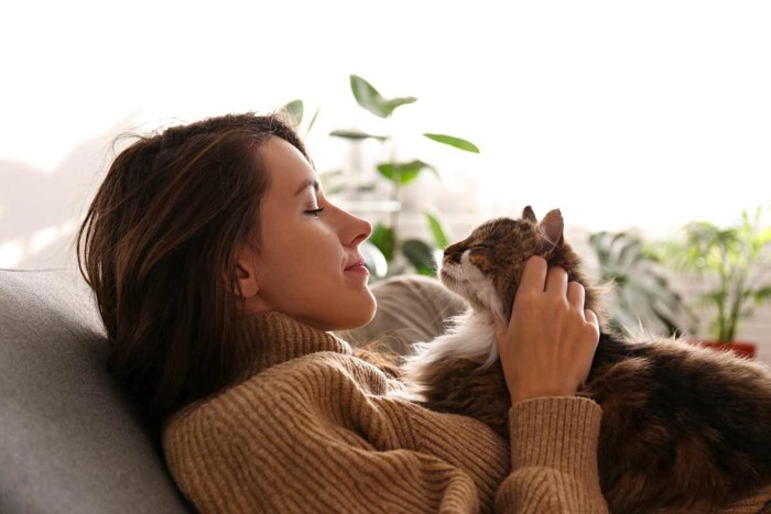 愛猫と見つめ合う飼い主さん