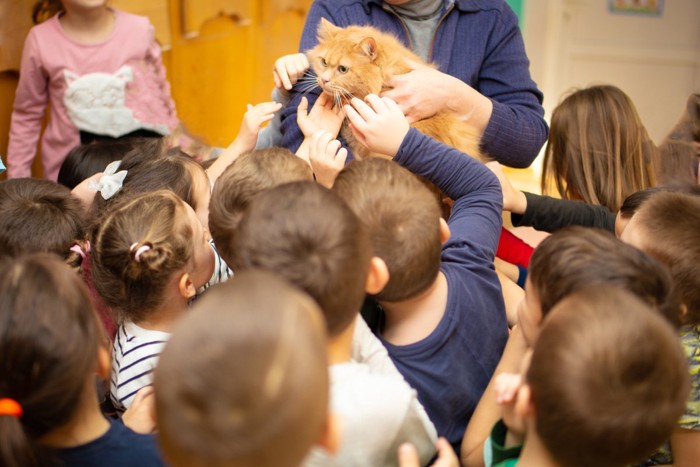 猫とふれあう家族