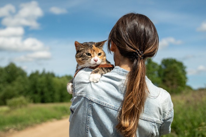 飼い主にだっこされる猫