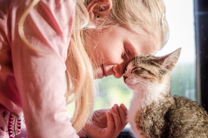 子供の顔に笑顔ですりすりする子猫