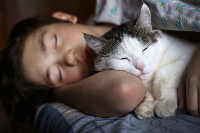 女性と眠る猫