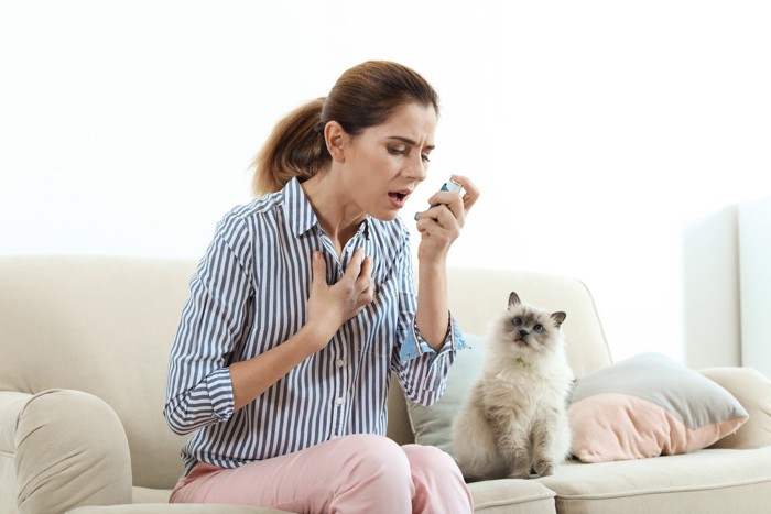 吸入をする女性と猫