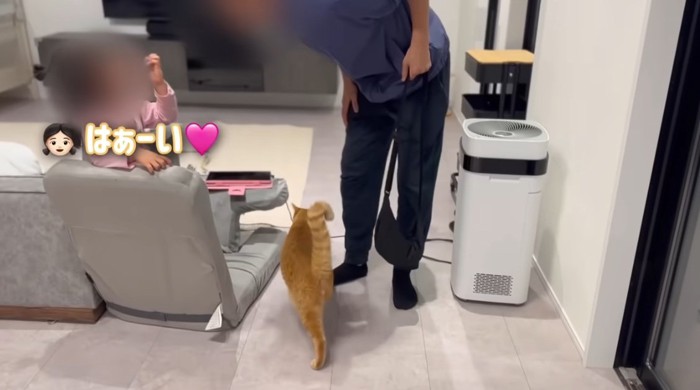 返事をする娘さんととら猫
