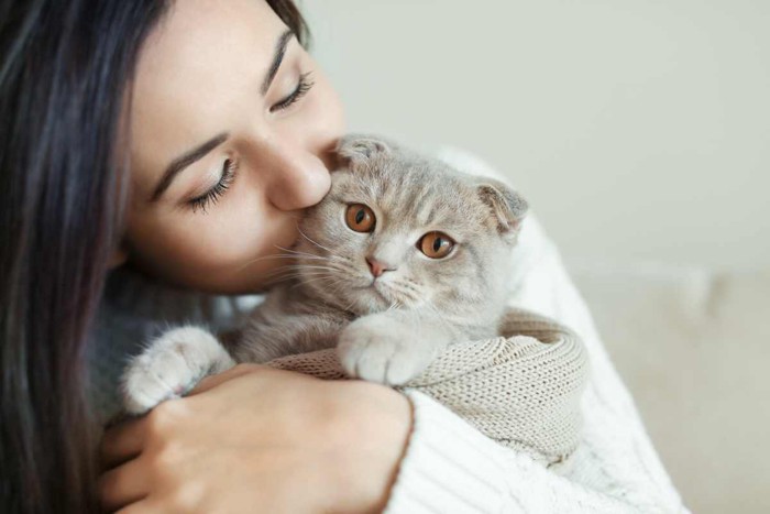 抱っこした猫にキスする飼い主さん