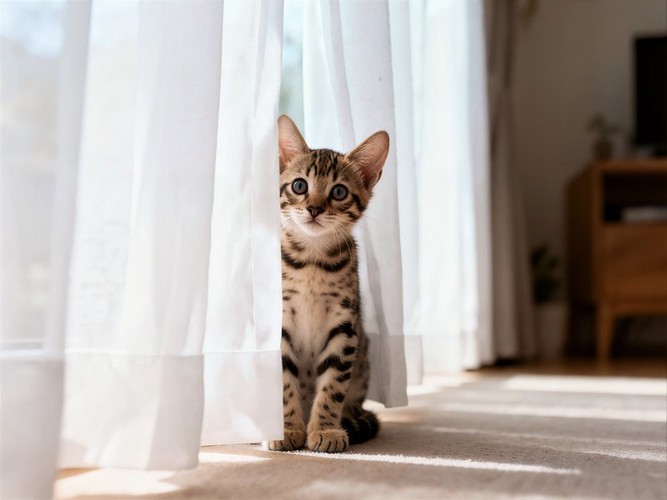 窓辺でお座りする子猫