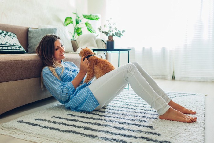 女性の膝の上にいる猫