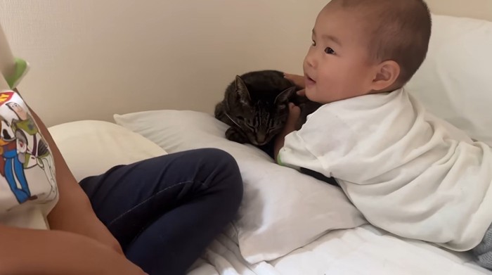 ベッドの上にいる子供と猫