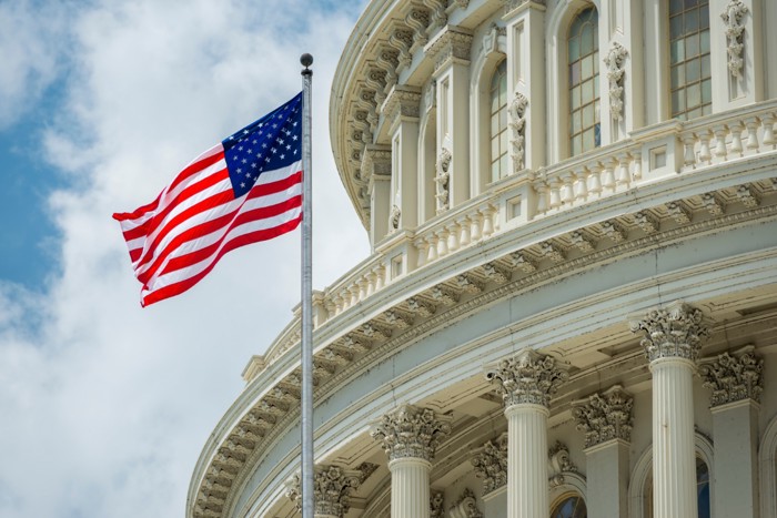 ワシントンD.C.の国会議事堂とアメリカ国旗