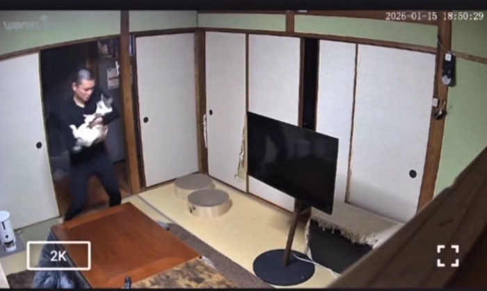 猫を抱っこしてステップを踏む男性2