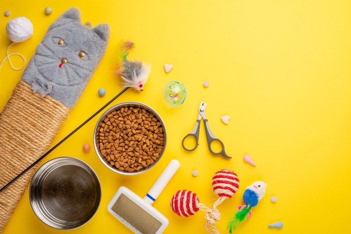 猫用の食器やおもちゃなどが並べて置かれている光景