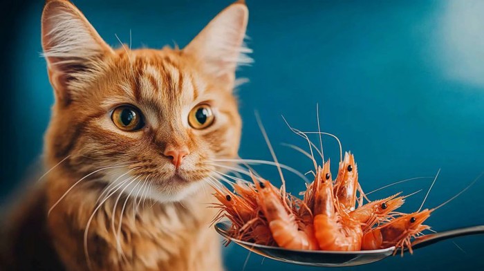 エビを見つめる猫