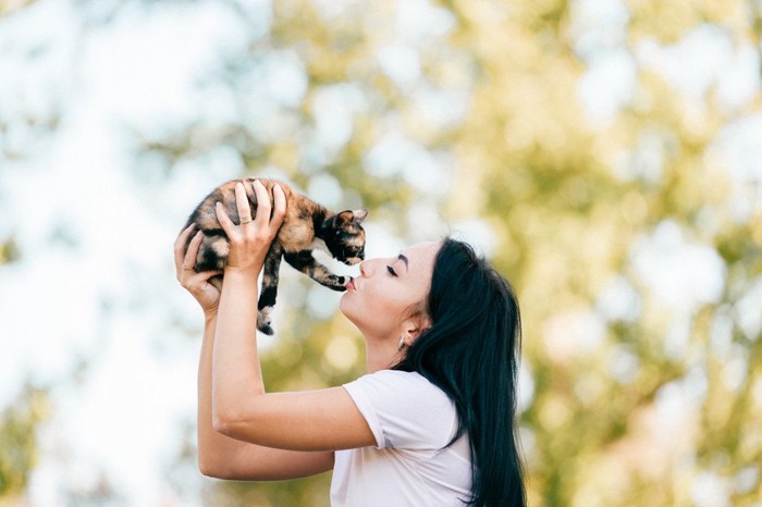 子猫を抱き上げる女性