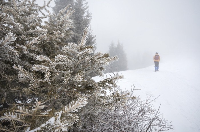 雪山を歩くひとりの男性