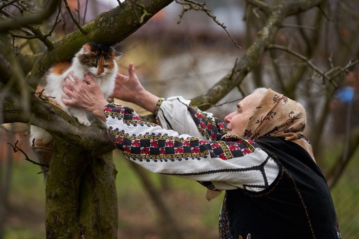 民族衣装を着た高齢女性と飼い猫