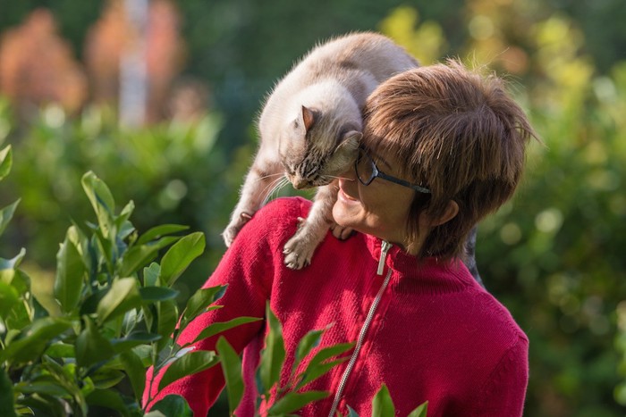 女性の肩にしがみつく猫