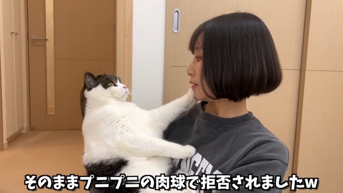 前足で人の顔を触る猫