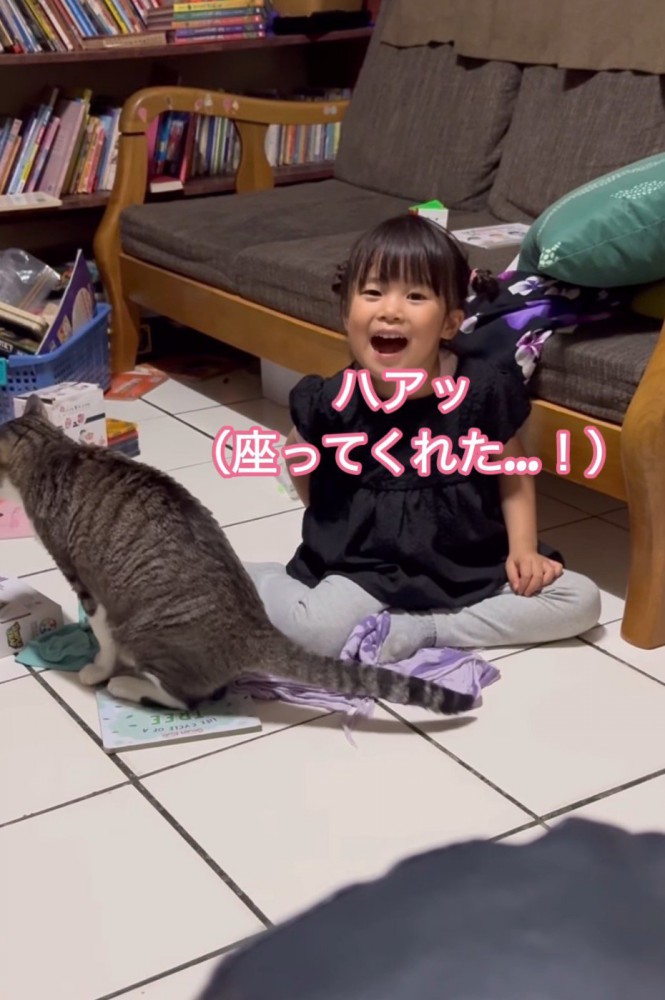 隣に座った猫を見て笑顔になる女の子